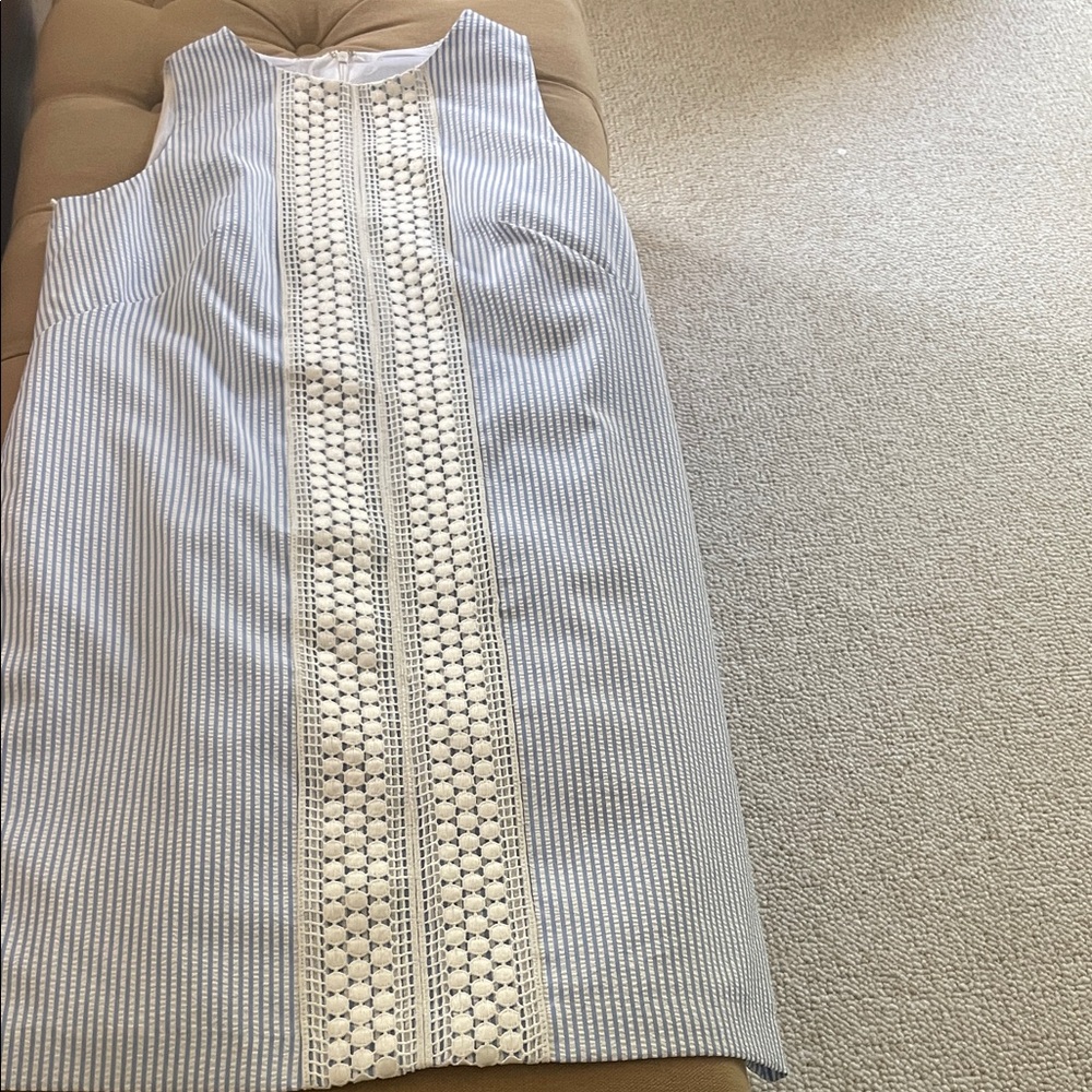 London Times Blue and White Striped Sleeveless Sheath Dress with Crochet Panel